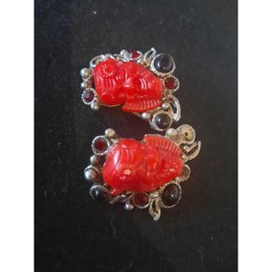 Vintage Selro Clip on Earrings Asian Red Devil 3 Missing Cabochon